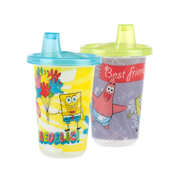 Nuby 6 Pack Polypropylene Wash Or Toss Reusable Cups & Lids With Spout, Nickelodeon Spongebob Squarepants, 10 Oz.
