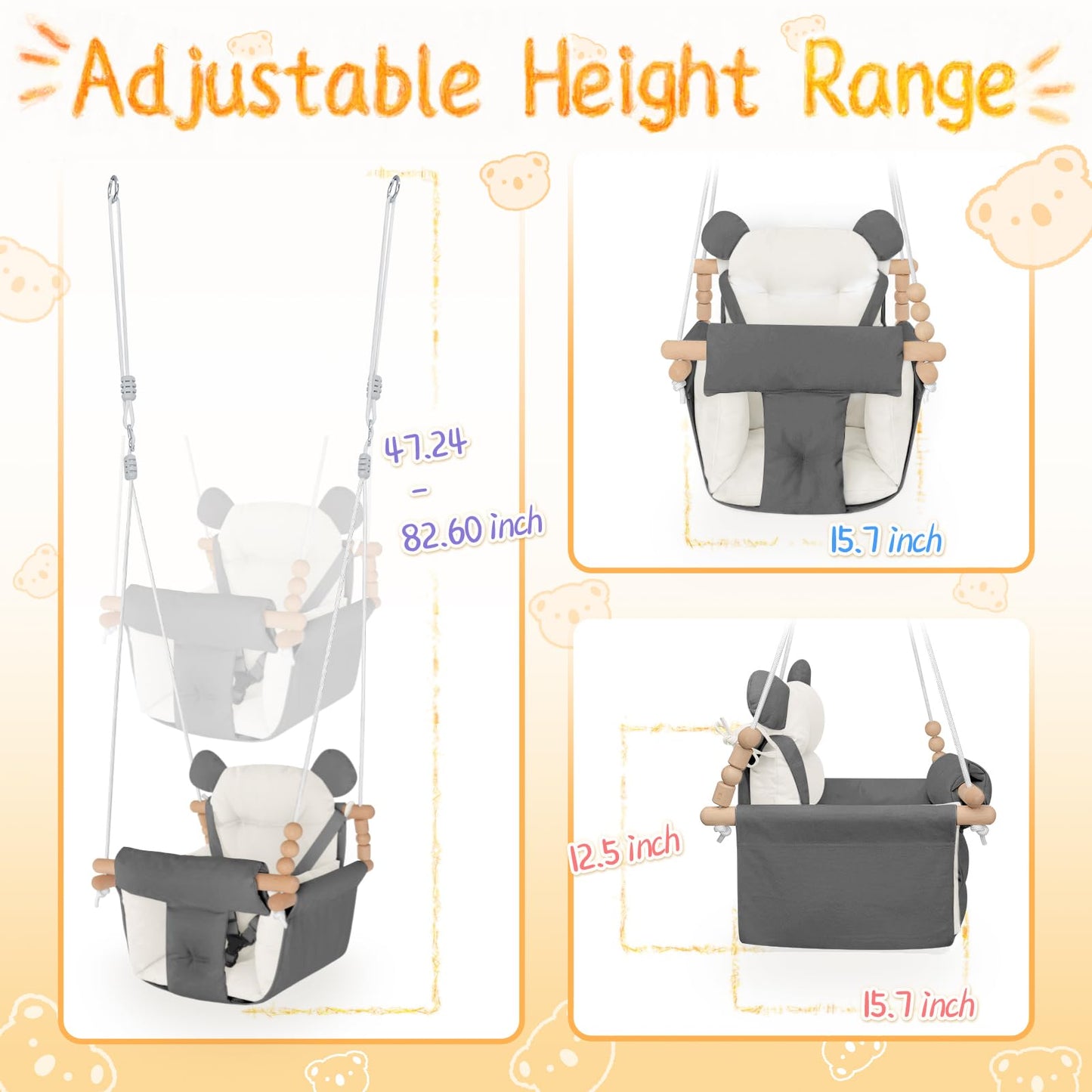 Baby Swing Indoor Outdoor, Secure Canvas Seat For Infant Toddler, Wooden Hanging With 3-Point Adjustable Safety Harness, Mountin