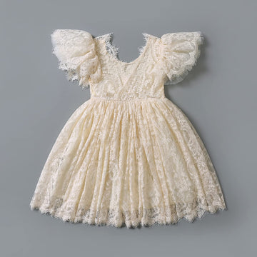 2Bunnies Girl Paisley Lace Back A-Line Tutu Tulle Party Flower Girl Dress (All Lace Flutter Sleeve Knee-Ivory, 9/10)