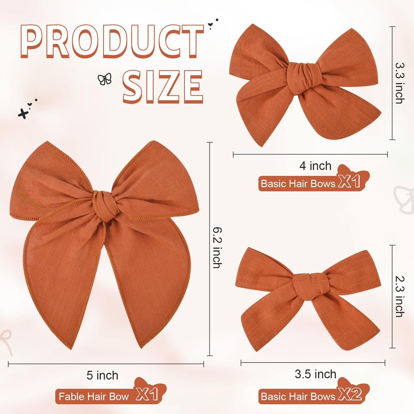 Deeka 4 Pcs Burnt Orange Cotton Linen Hair Bows 3 Styles 5' & 4' Handmade Hair Bow Set For Toddler Girls Alligator Hair Clips