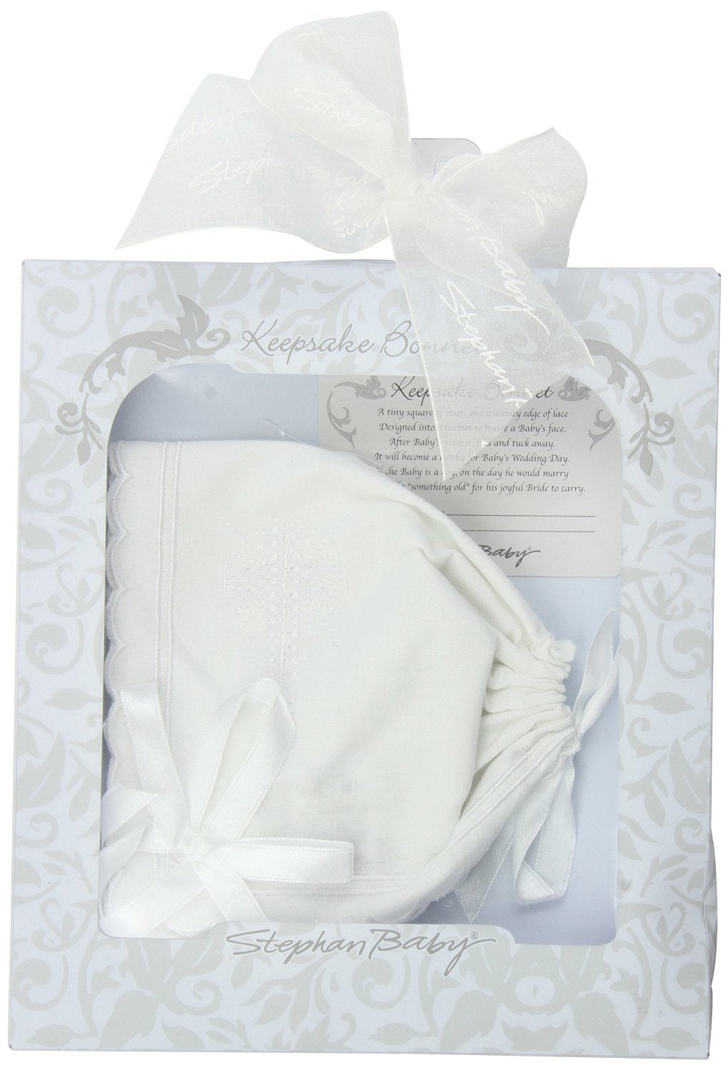 Stephan Baby Bonnets - White Cotton Christening Bonnet With Cutwork Embroidered Cross And Satin Bows, One Size, Scalloped Hem