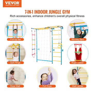 Vevor Indoor Jungle Gym For Toddlers, 7-In-1 Climbing Playset With Carbon Steel Swedish Ladder, Wall Ladder, Pull-Up Bar, Rope L