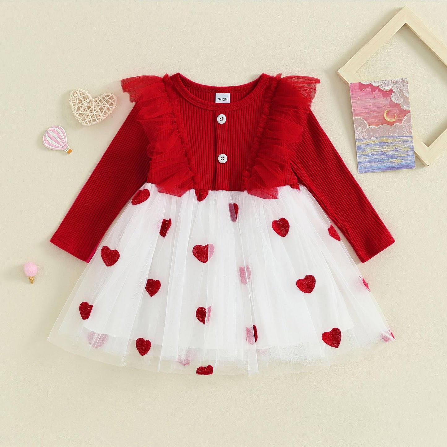 Toddler Baby Girl Valentines Day Outfit Knitted Ruffle Long Sleeve Dress Heart Tulle Tutu Skirt Dresses Spring Fall Clothes (Red