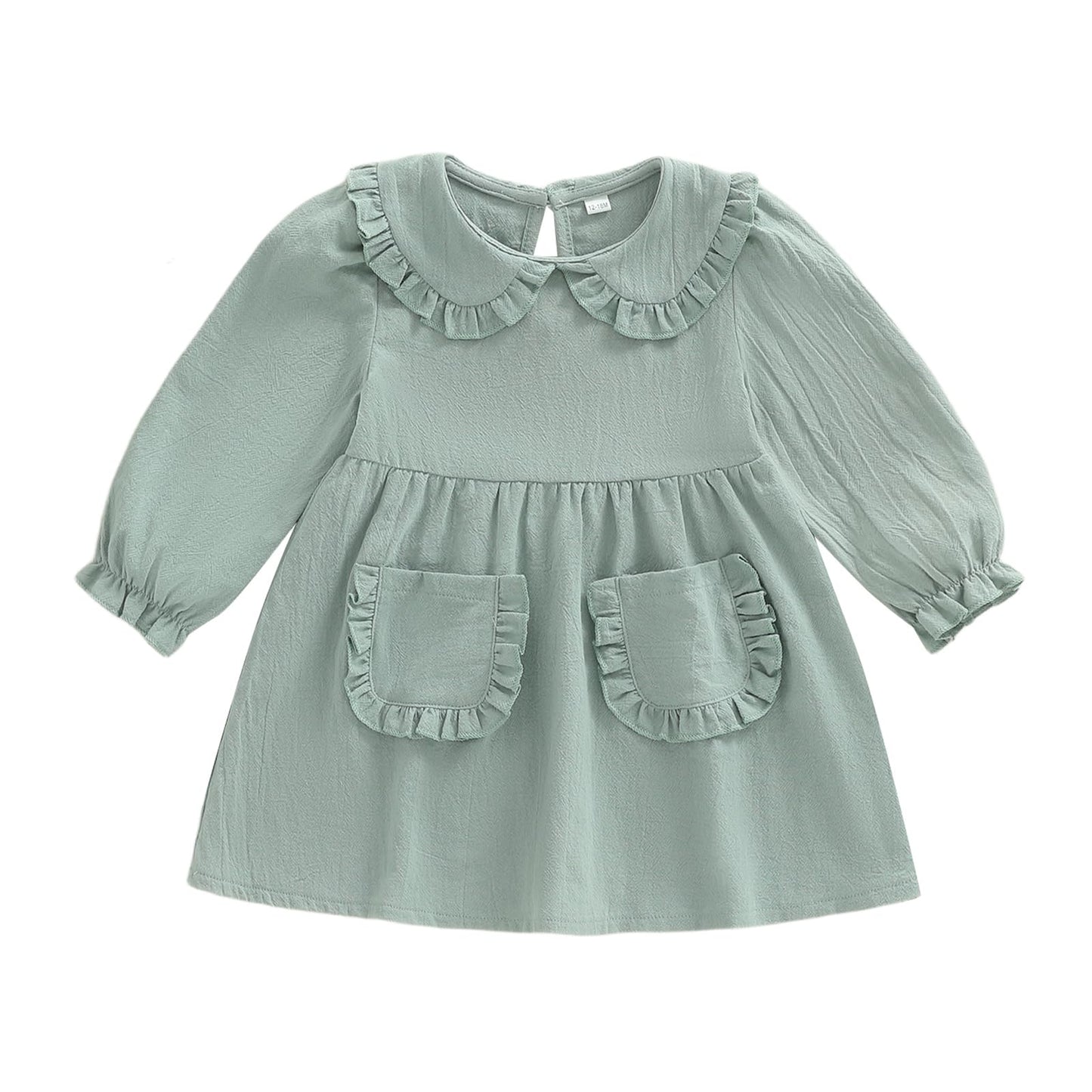 VISGOGO Toddler Baby Girl Dress Linen Long Sleeve Solid Color Girls 12 18M 2T 3T 4T 5T Dresses with Pocket for Fall Spring (Gree