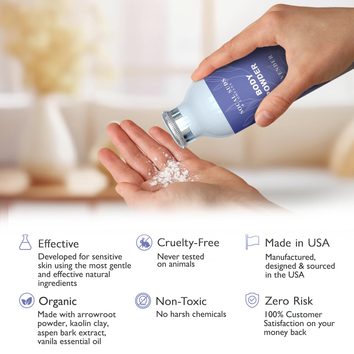 Socal Suds & Company - Natural & Organic Body Powder Talc-Free With Arrowroot Powder, Kaolin, Aspen Bark Extract For Soft Soothi