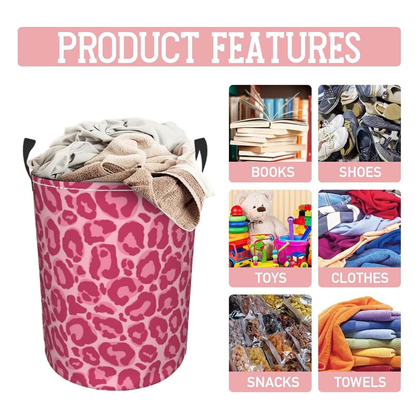 Gbuzozie Pink Leopard Texture Round Laundry Hamper Storage Basket Toys Clothes Organizer Bin For Home Bathroom Bedroom Dorm Nurs