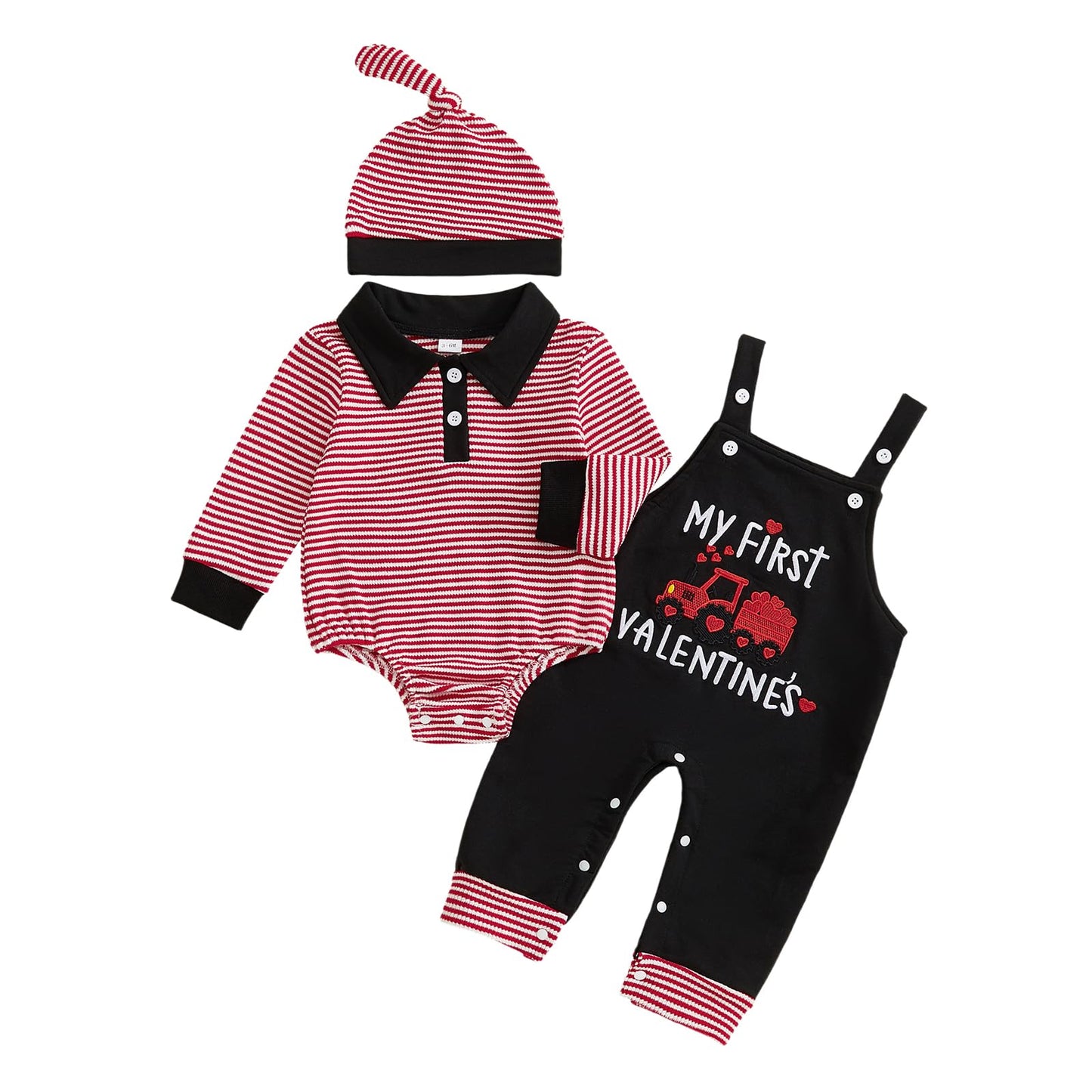 BeQeuewll Baby Boy My First Valentines Outfit Infant Polo Romper Letter Heart Embroidery Overalls Pants Set Newborn Clothing (Fi