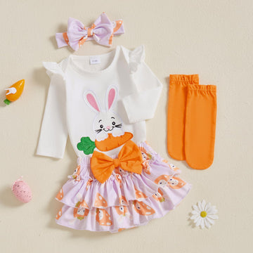 Beqeuewll Newborn Baby Girl Easter Outfit Bunny Clothes Long Sleeve Romper+Bloomers Tutu Skirt+Socks+Headband 4Pcs (Carrots Bunn