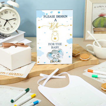 Panitay 100 Pcs Diy Baby Bibs Decorating Kit 50 White Bibs 25 Stencils 24 Fabric Markers 1 Baby Shower Game Sign(Blue Elephant)