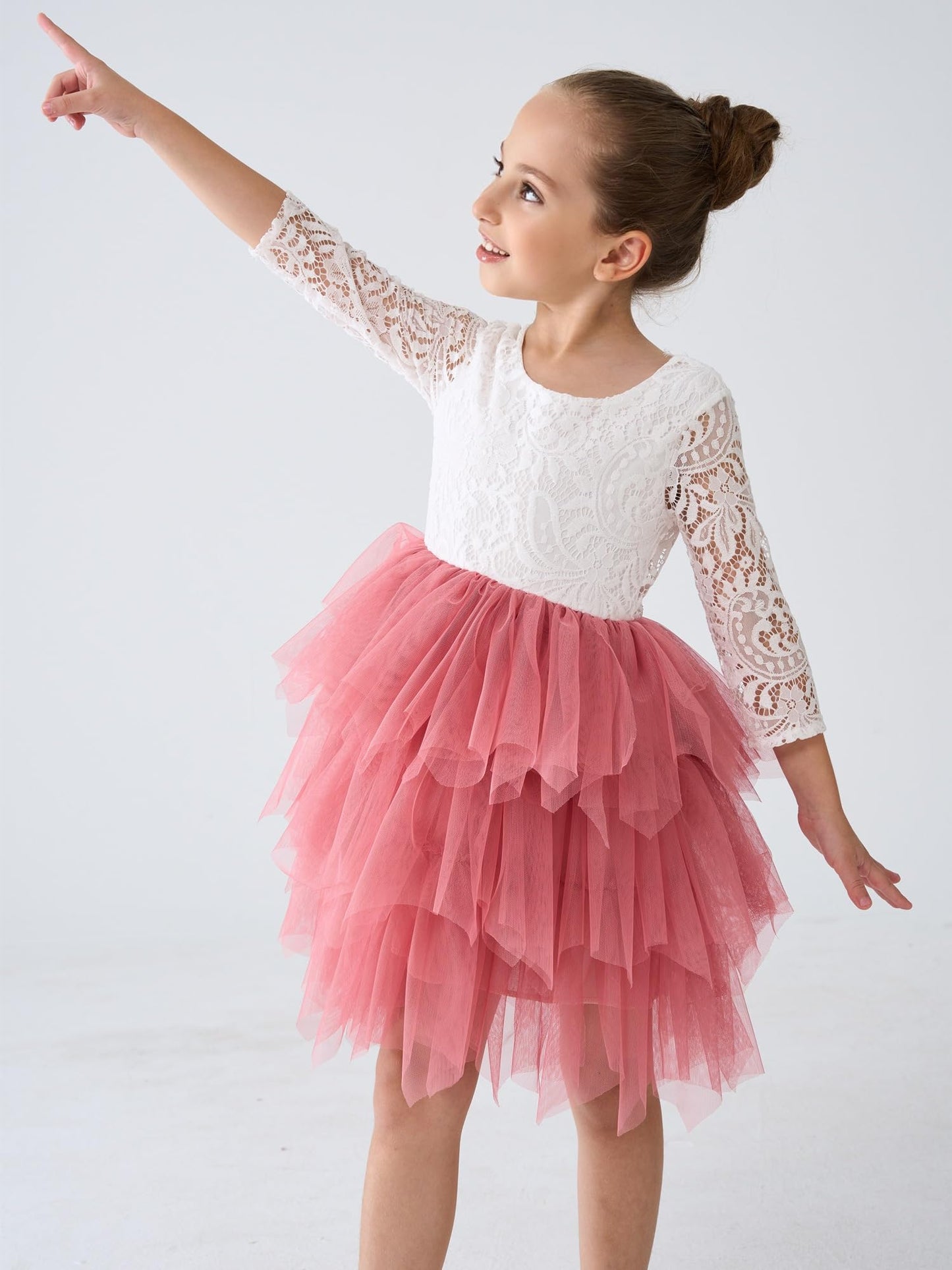 2Bunnies Girl Peony Lace Back A-Line Tiered Tutu Tulle Flower Girl Dress (Dusty Rose Sleeve Short, 9-10Yrs)
