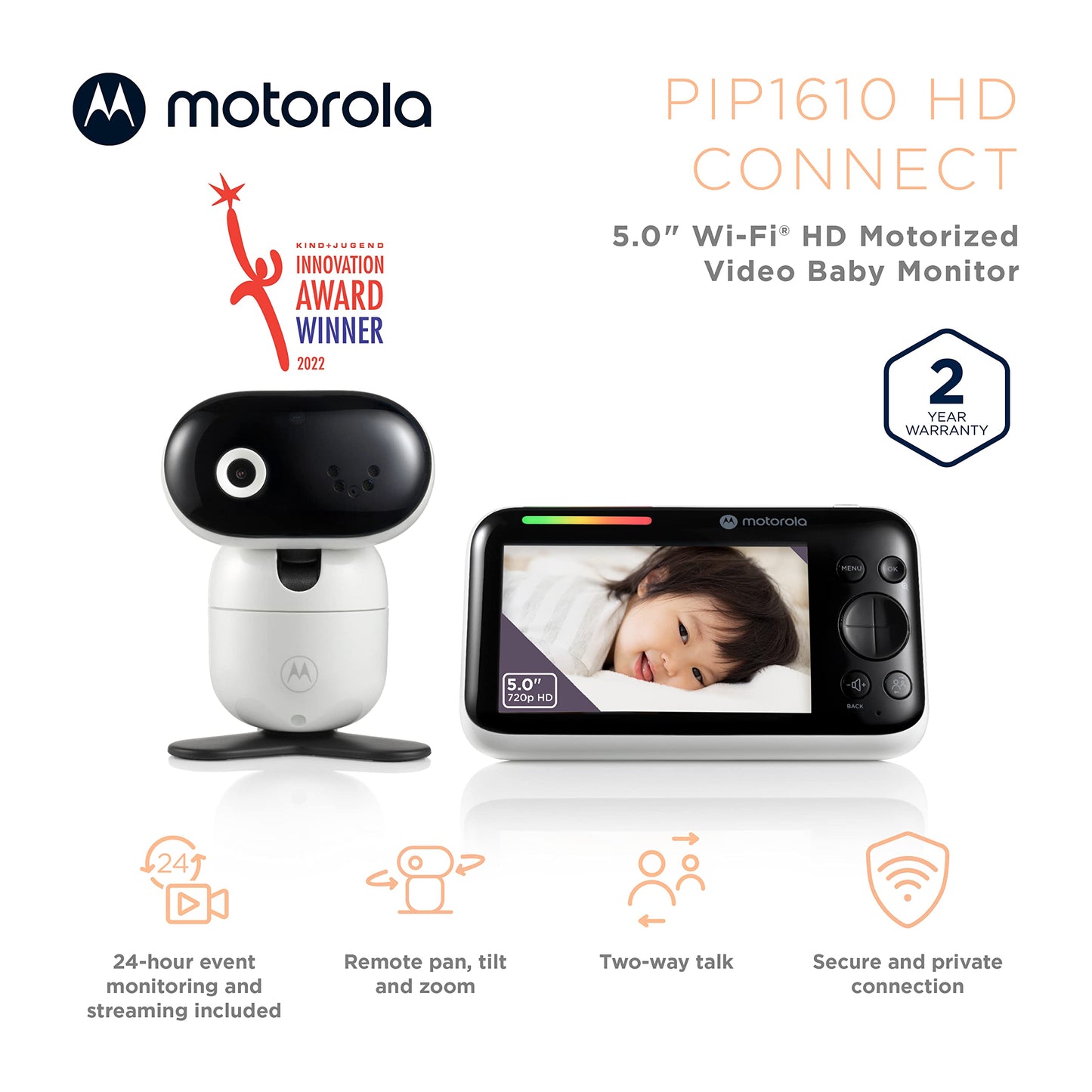 Motorola Baby Monitor Pip1610 Hd Connect - 5' Wifi Video Baby Monitor With Camera, Wall Mount, 1080P, Smart Phone Nursery App,
