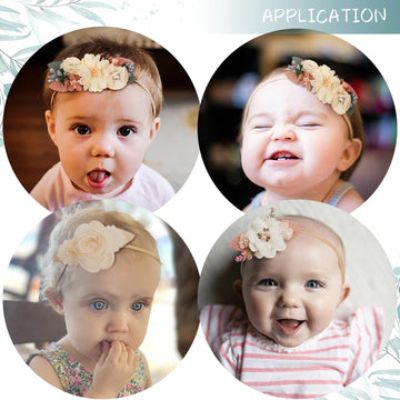 Pabobit Baby Girl Flower Nylon Headband-Elastic Hair Band Handmade Bow For Newborn Infant Toddler Pack Of 3 (Beige)