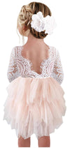 2Bunnies Girl Peony Lace Back A-Line Tiered Tutu Tulle Flower Girl Dress (Pink 3/4 Sleeve Short, 7-8Yrs)