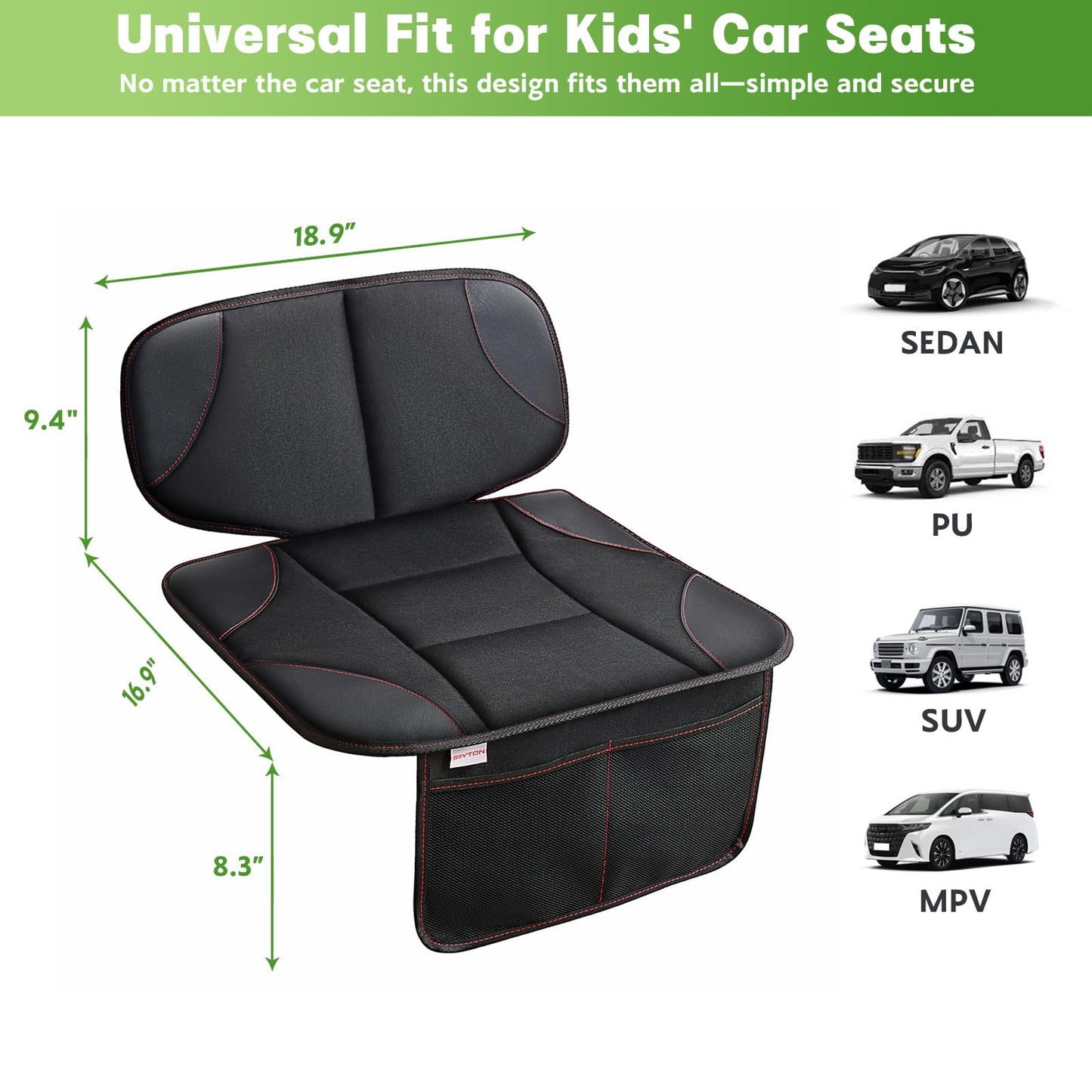 Siivton Car Seat Protector For Kids, Anti-Slip Design, Thick Padding, Prevents Seat Marks, 2 Storage Pockets For Toys & Snacks,