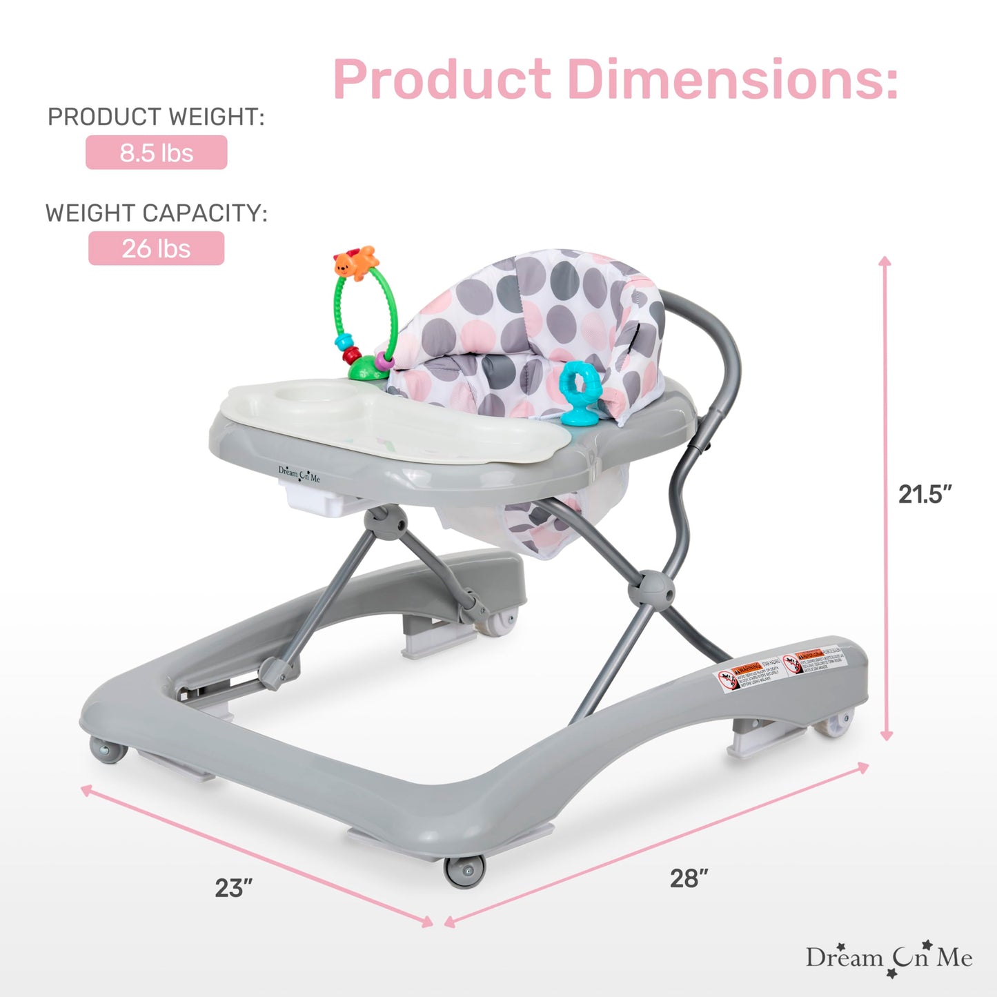 Dream On Me Mia Foldable Baby Walker In Grey