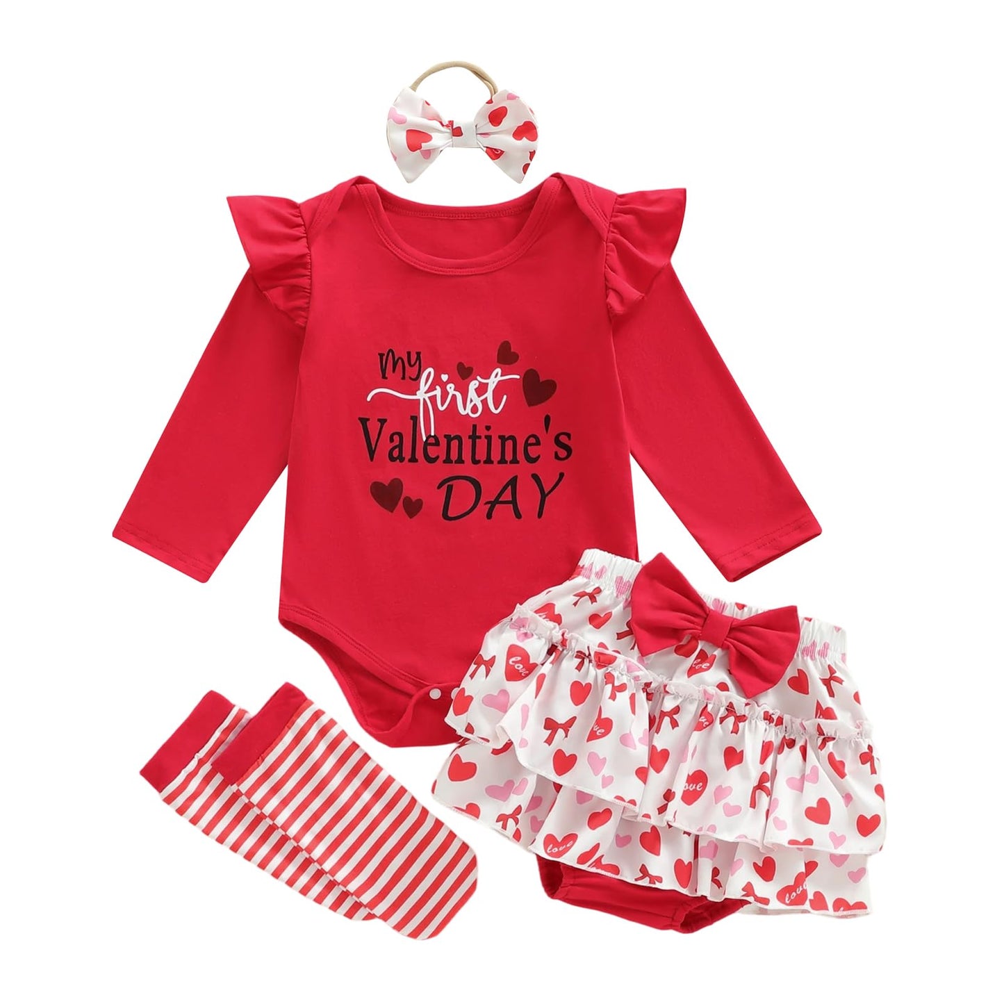 Thorn Tree Baby Girl Valentines Outfit Heart Be Mine Clothes Long Sleeve Romper Tutu Skirt Socks Headband Newborn Outfits (Red,