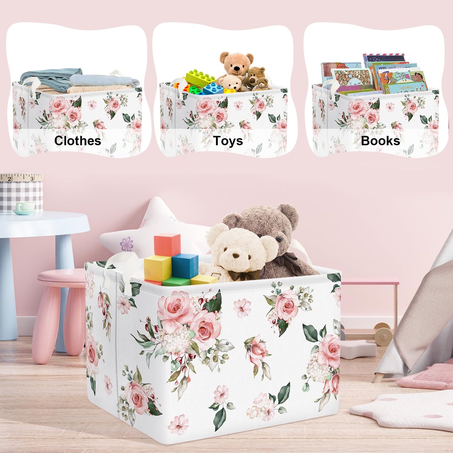 Clastyle Rectangle Rose Floral Baby Girl Gift Basket Outdoor Towel Storage Pool Toy Beach Blanket Basket Pink Flower Shelf Baske