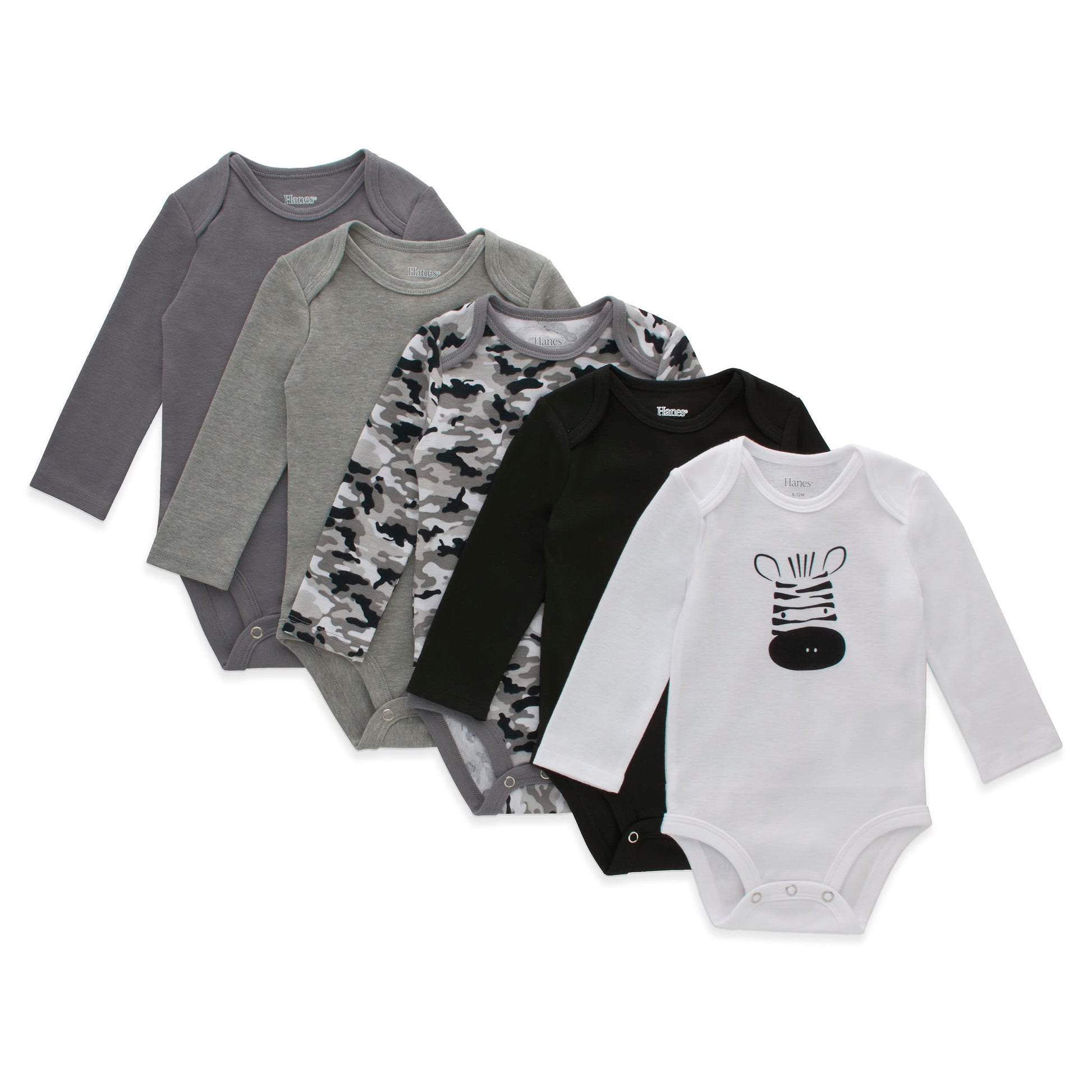 Hanes Unisex Baby Long Sleeve Bodysuit, Ultimate Flexy Boys & Girls, 5-Pack, Grey/Black, 6-12 Months Us