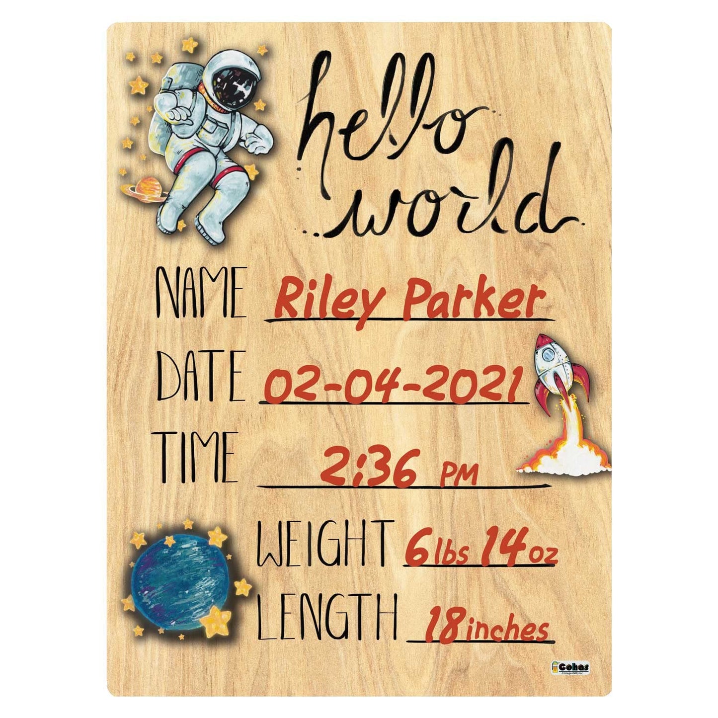 Cohas Hello World Newborn Baby Announcement Printed Wood Sign With Space Theme, 5 By 7 Inches, No Marker