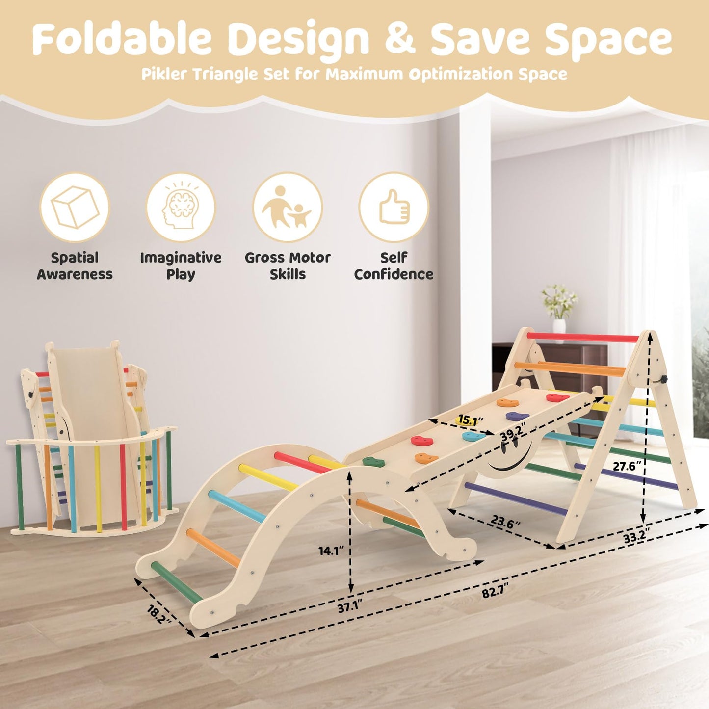 Bierum 8 In 1 Montessori Pikler Triangle Set With Soft Cushion, Foldable Toddler Climbing Toys With Ramp For Sliding Or Climbing