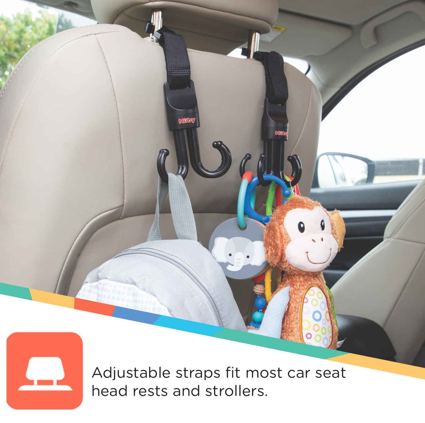 Nuby 2-In-1 Deluxe Adjustable Baby Stroller & Car Seat Hooks For Hanging Bags, Toys- Hang Or Remove Items From Hooks With One Ha