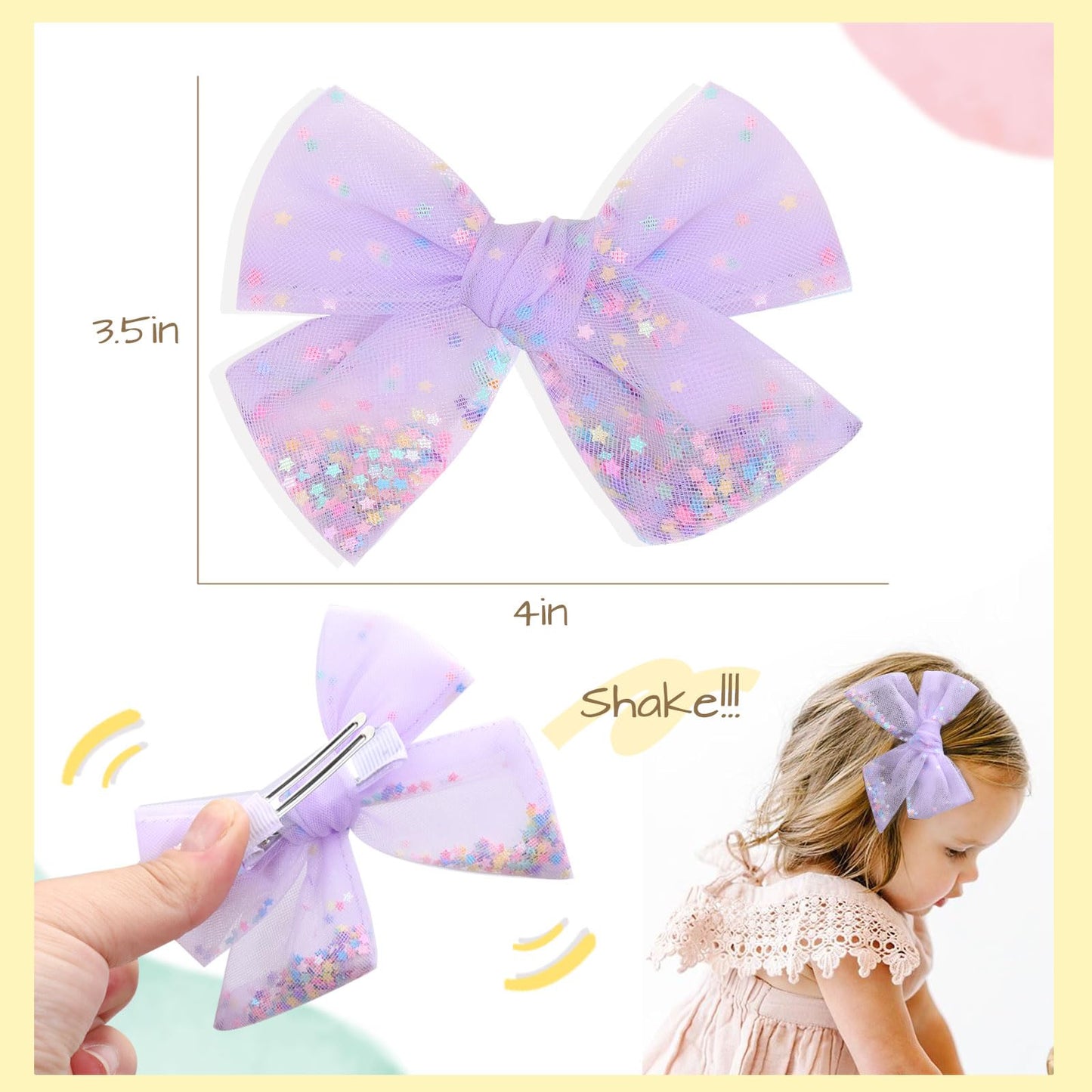 6 Pcs Tulle Hair Bows For Girls, Cn Toddler Bows With Glitter Star Alligator, Colorful Hair Barrettes Wedding Hair Accessories F