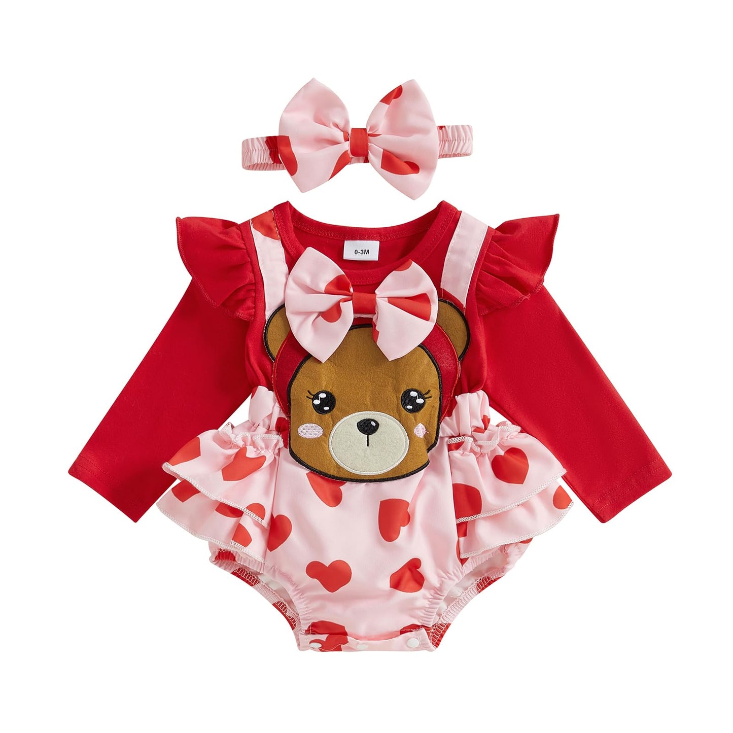 Newborn Infant Baby Girls Valentines Day Romper My First Valnetines Day Outfits Heart/Plaid Print Headband (Red-Love Heart, 3-