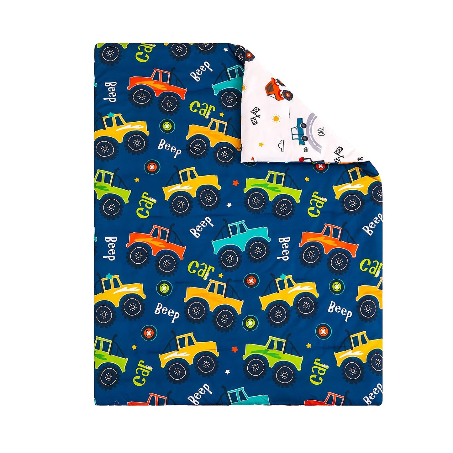 Perfemet Navy Blue Car Print Toddler Comforter Set, 4 Pieces Toddler Beeding Sets For Boys, Soft Reversible Kids Bed Set, Fluffy