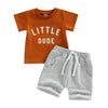 Toddler Baby Boy Clothes Letter Short Sleeve T Shirt Top Boys Shorts With Pocket Cute Summer Outfit 2Pcs Set (Little Dude Carame
