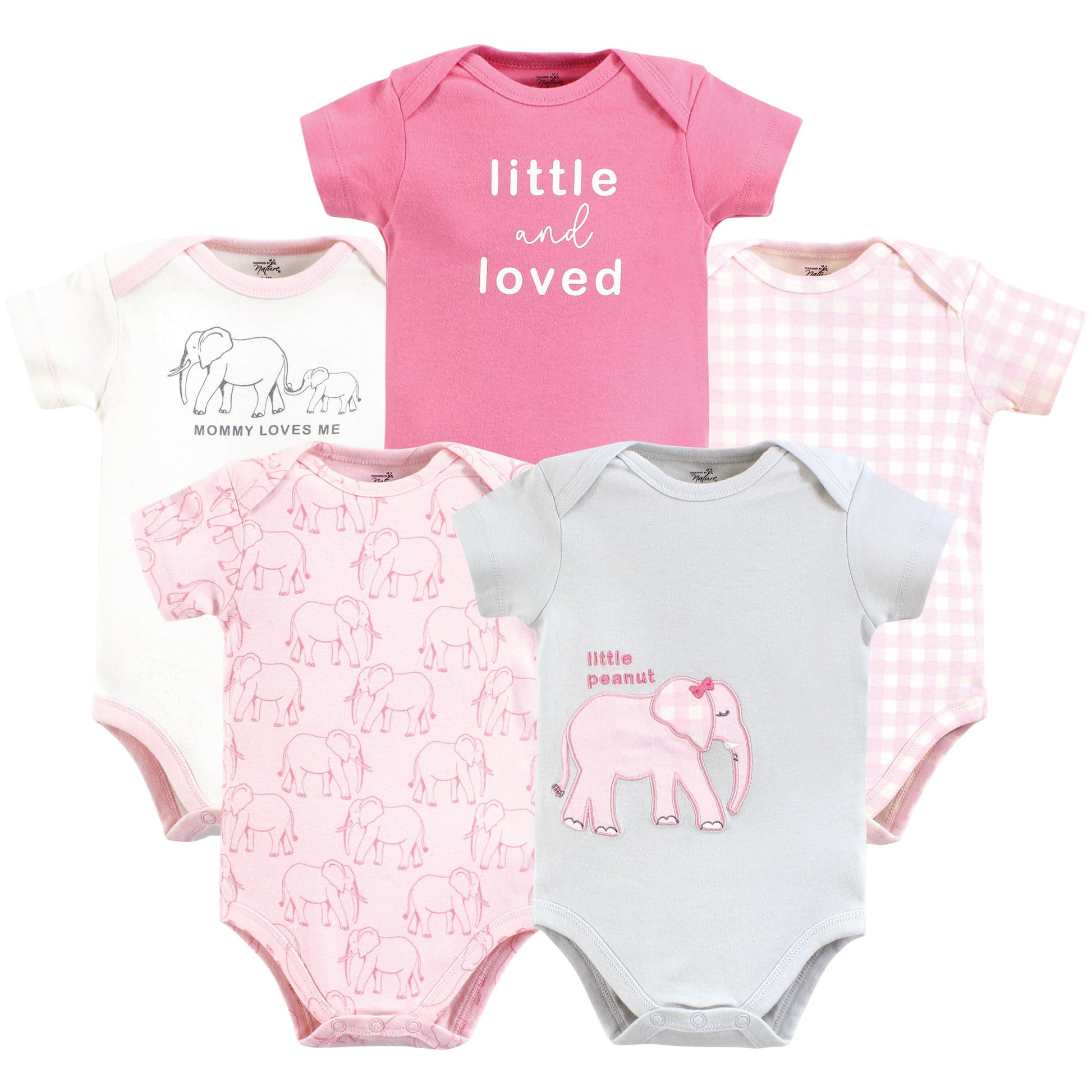 Touched By Nature Unisex Baby Organic Cotton Bodysuits, Pink Peanut, 6-9 Months