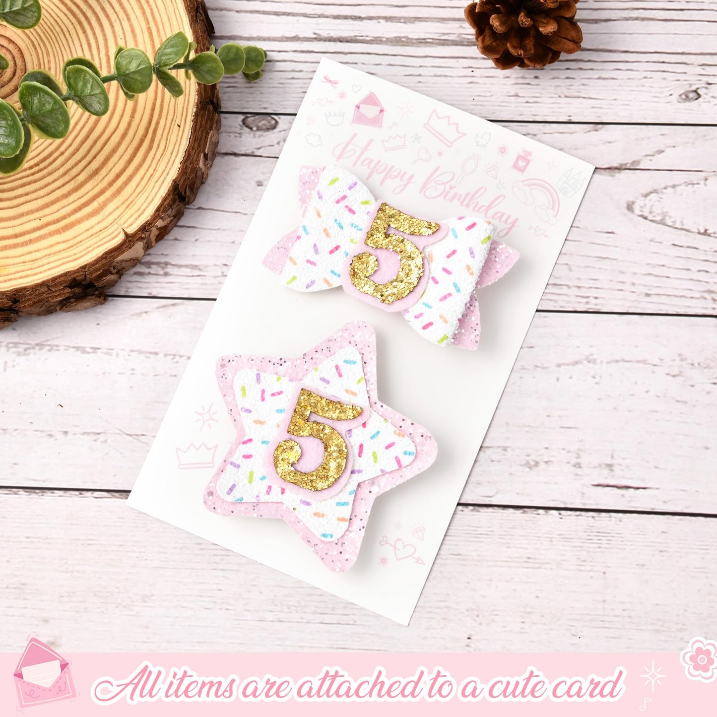 Deeka 5Th Birthday Hair Bow And Badge Set Birthday Decorations For Girl Glitter Pink And White Hair Clips For 5 Year Girl Birthd