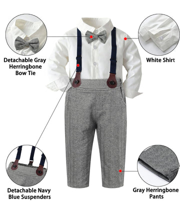 Sangtree Baby Boys Clothes, Long Sleeve Button Down Dress Shirt With Bowtie + Suspender Pants For Boy, 7# White, Tag 120 = 3-4 Y