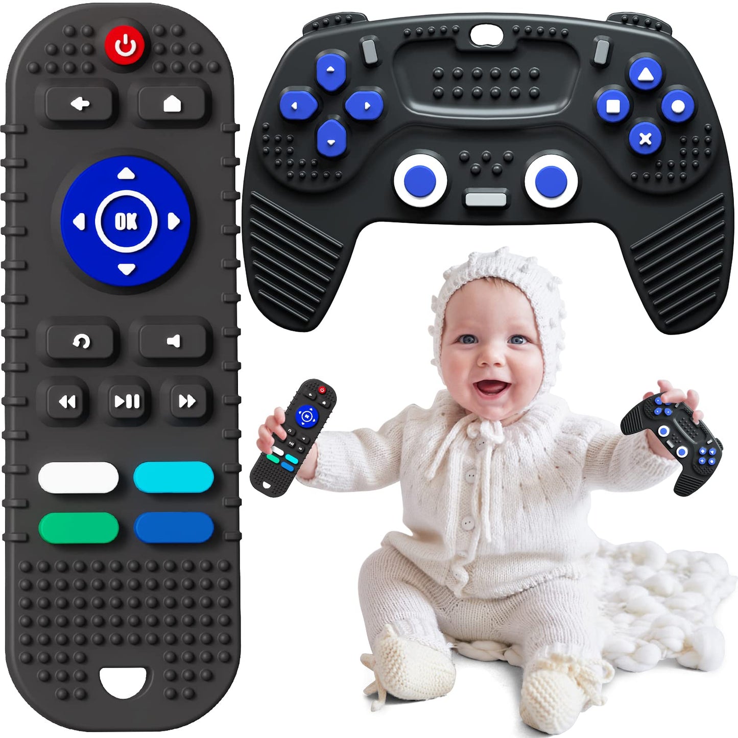 HOPEEYE 2 Pack Remote Control and Game Controller Teething Toys for Baby 3 Months and Up, Chew Toys for Boys and Girls Gifts (Bl
