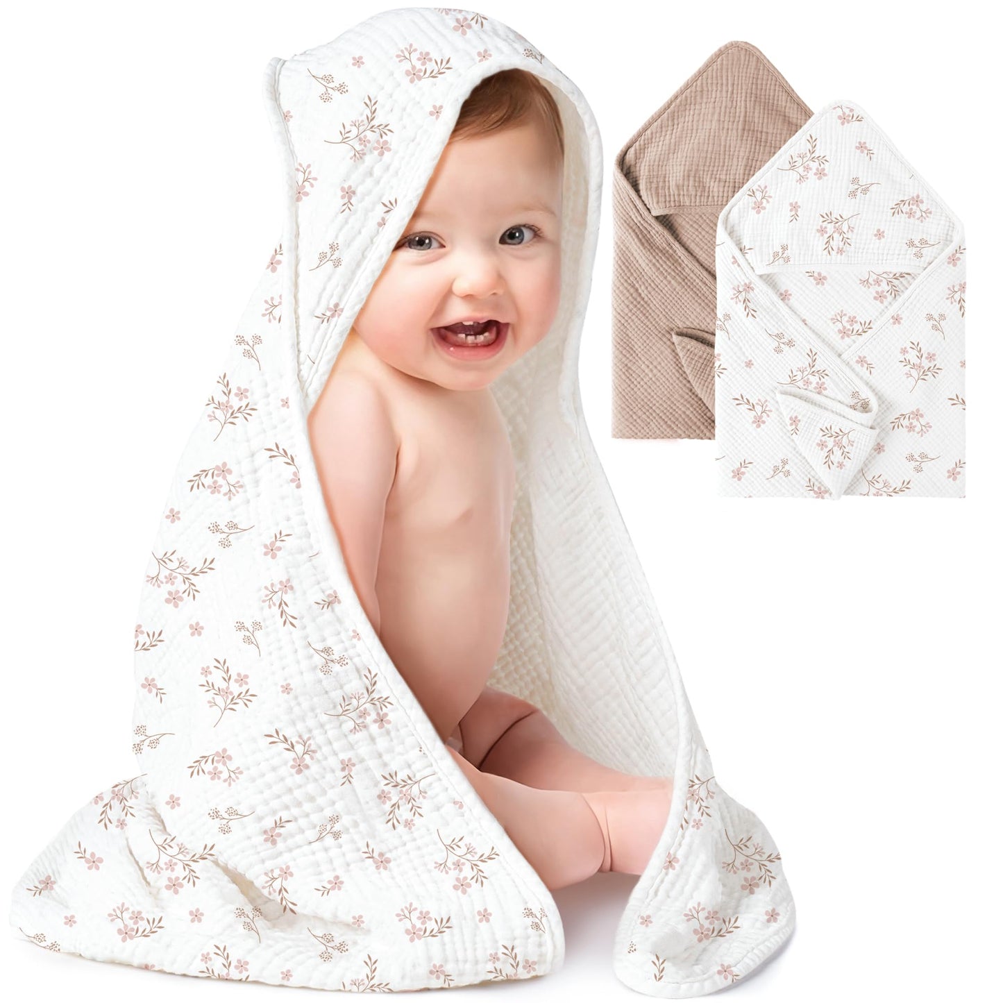 Konssy 2-Pack Muslin Hooded Baby Towels, 100% Cotton, Ultra-Soft & Absorbent Baby Bath Towels with Hood for Newborn & Infant (Ta