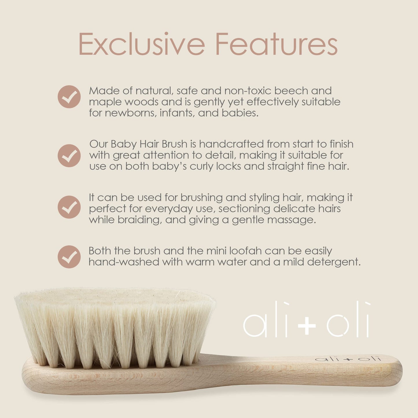 Ali+Oli Newborn Wooden Hair Brush- Baby Brush Set For Newborns- Baby Hair Brush With Mini Loofah- Infant Hair Brush, Cradle Cap,