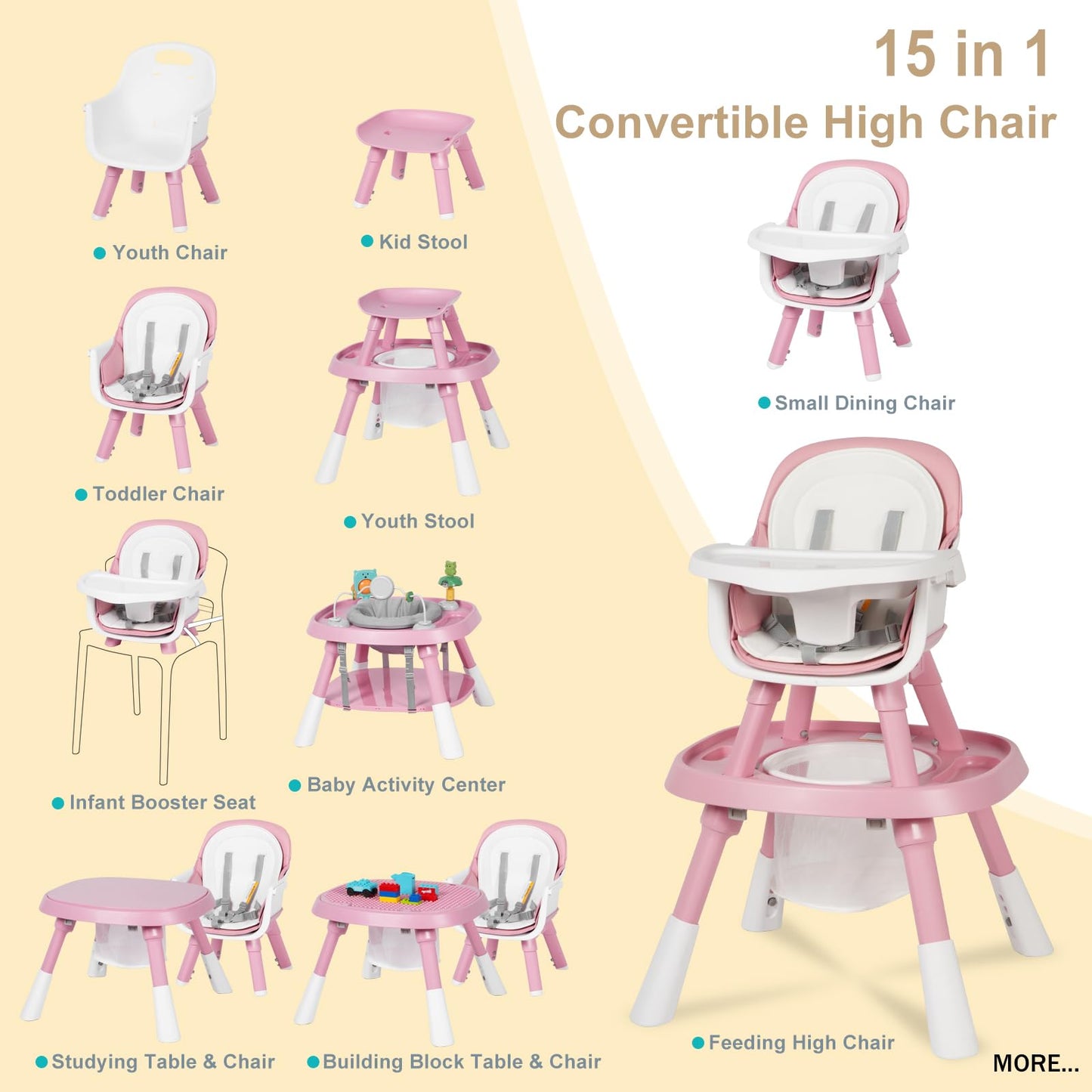Xuemi 15-In-1 Convertible High Chair For Toddlers - Bpa-Free Baby Chair With Building Block Table, 5-Point Harness, Easy Clean (