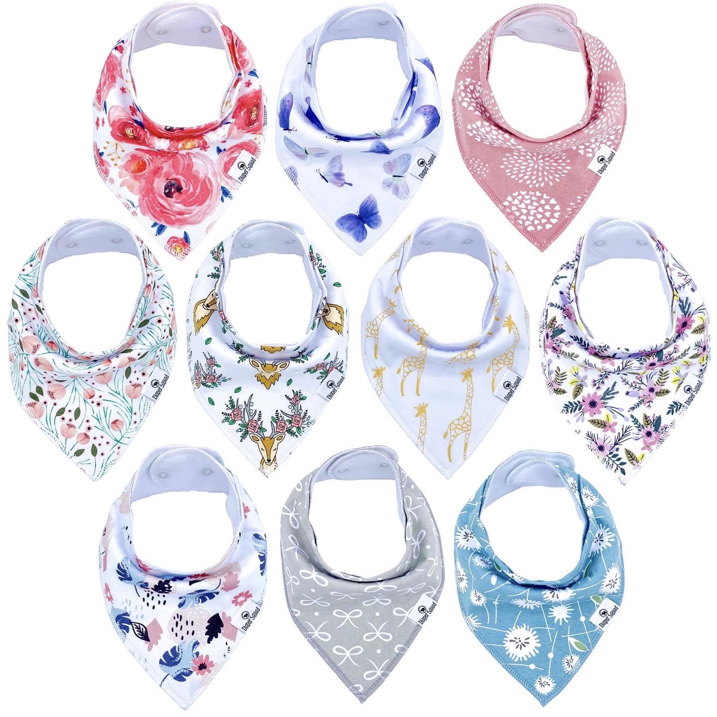 DiaperSquads 10-Pack Baby Bibs for Drooling and Teething, Bibs for Boys, Baby Girl - Solid Cotton Baby Drool Bibs (Girly)