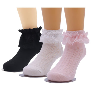 Xiyadun Toddler & Girls Eyelet Frilly Dress Socks Ruffle Lace Cotton Socks(Ivory White/Pink/Black,3-5 Years)