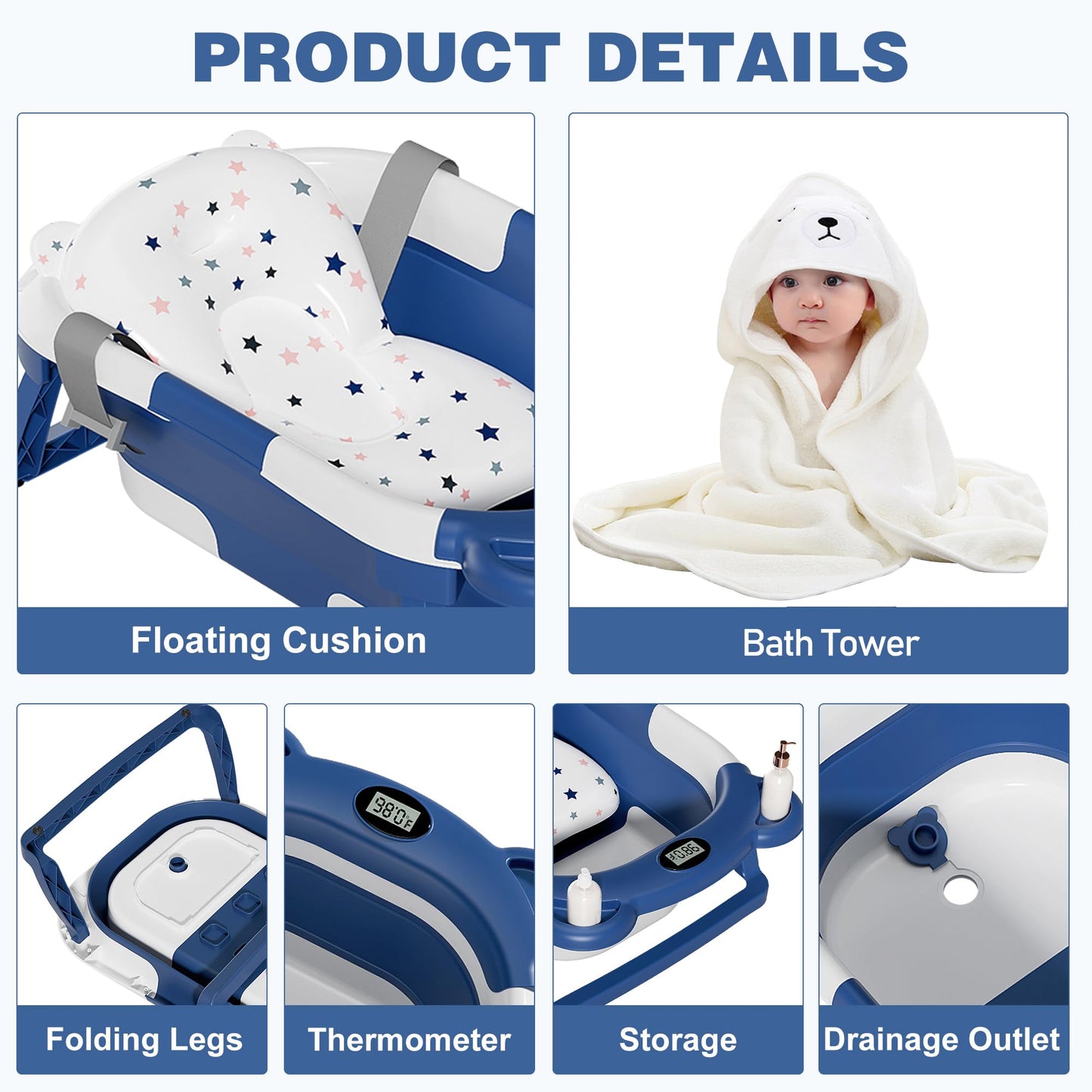 Morefeel Collapsible Baby Bathtub For Newborn With Thermometer & 1 Soft Floating Cushion & 1 Bath Net,Portable Travel Bathtub Wi