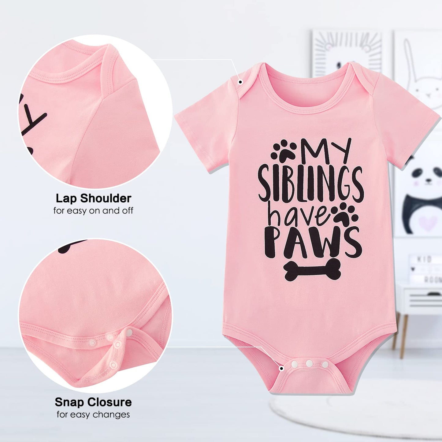 Funnycokid Baby Girls Boys Romper My Siblings Have Paws Newborn Stuff Gender Neutral Announcement Bodysuit Pink Short Sleeve Clo
