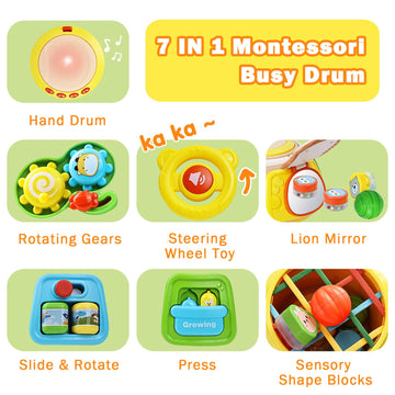 7-in-1 Activity Cube Drum Montessori Toys for Baby, Busy Toys for Toddlers with 9 Sensory Shape Blocks, Music & Light Educationa