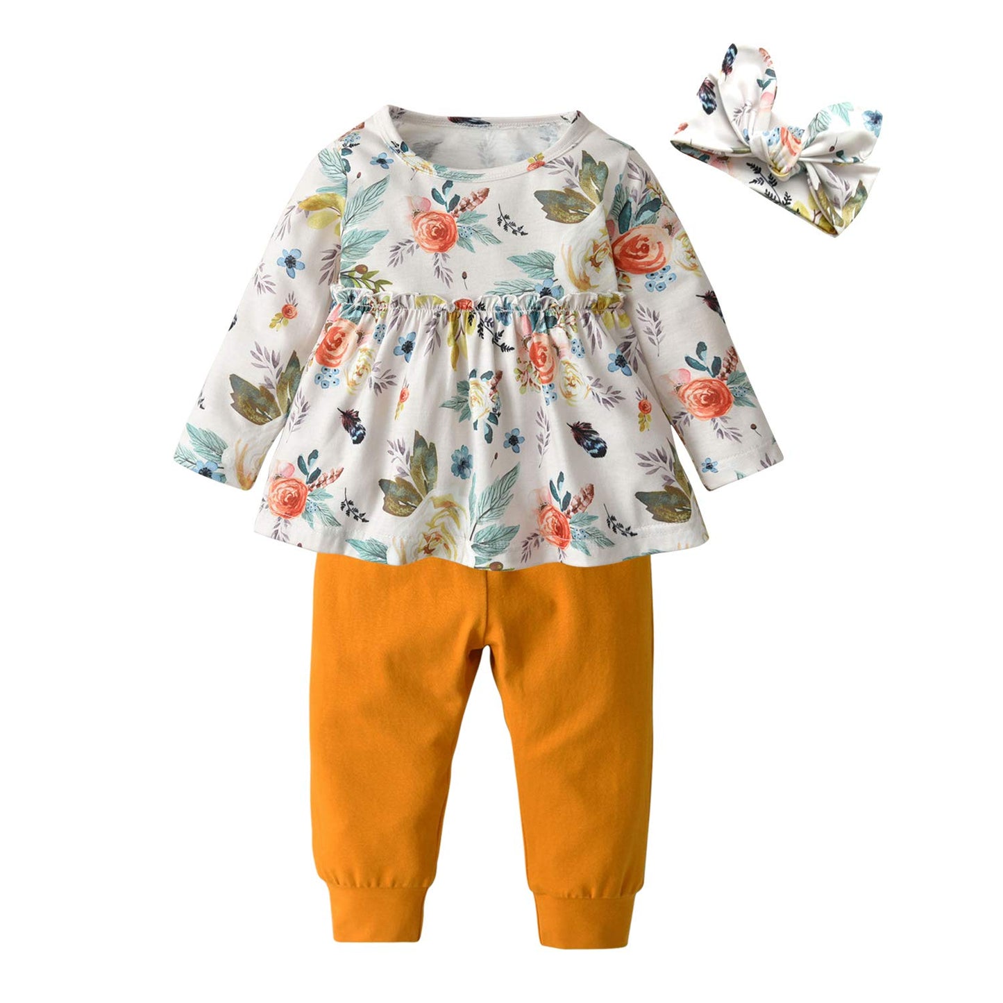 3Pcs Baby Girl Clothes Ruffle Floral Shirt Tops Pants Headband Outfit Sets (Yellow, 2-3T)