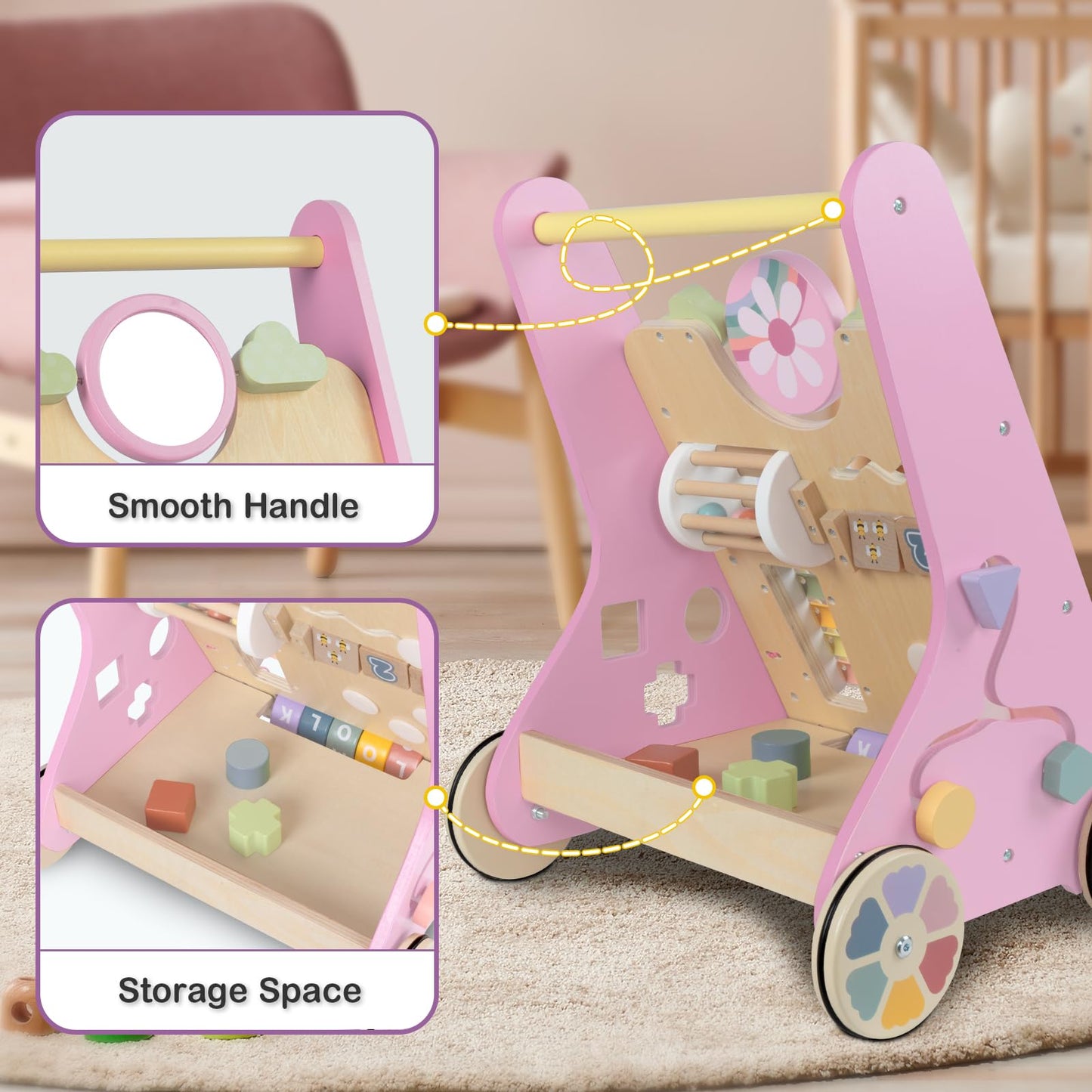 Baby Walker with Wheels, Wooden Push Walker Toys for Babies 6-12 Months, Baby Girl Walking Activity Toys for 1 Year Old