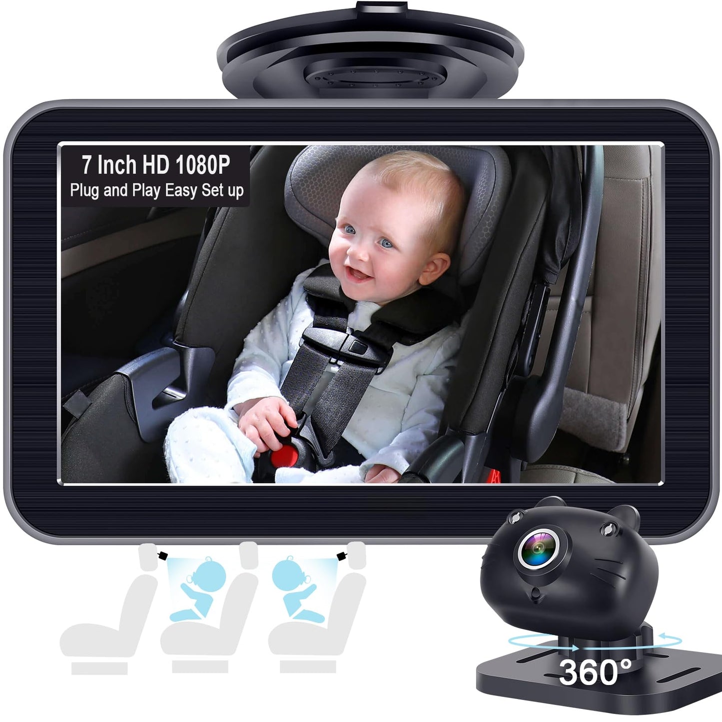 Dohonest Baby Car Camera 7-Inch: Usb Plug And Play Easy Setup 360 Rotating Backseat Camera Two Kids Hd 1080P Rear Facing Car Sea