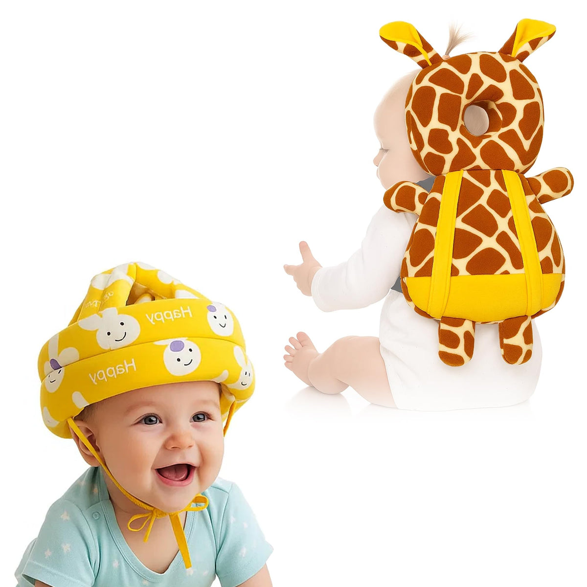 Glun Baby Back Protector With Head Protective Hat Combo Set, Cute Giraffe Shape Soft Cushioning, Adjustable Shoulder Belt, Head