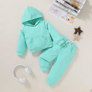 Happy Town Toddler Fall Outfits For Girl Boy Long Sleeve Hoodie Top And Long Sweatpants Set Toddler Sweatsuit (Solid Color-Cyan,