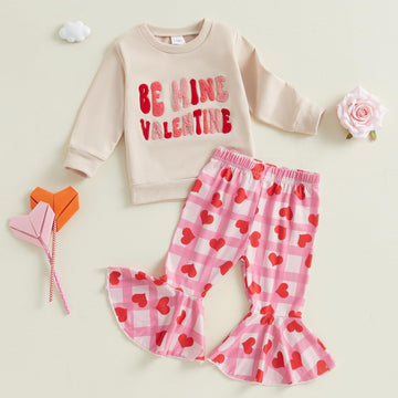 Iddolaka Toddler Baby Girls Valentines Day Outfits Long Sleeve Letter Sweatshirt Shirt Heart Flared Pants Spring Clothes (J-Apri