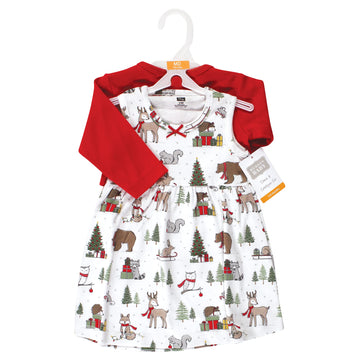 Hudson Baby Baby Girls' Cotton Dress And Cardigan Set, Red Winter Forest, 3T