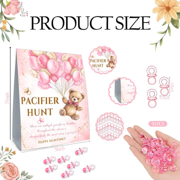 Guawubiang Winnie Pacifier Hunt Sign, Mini Pacifiers Baby Shower Game Set, Pacifier Hunt Baby Shower Game, 50Pcs Pink Mini Pacif