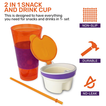 Exultimate 2 In 1 Snack Drink Cup Kids Spill Proof Tumbler Plastic Straw Lid Locks 16 Oz